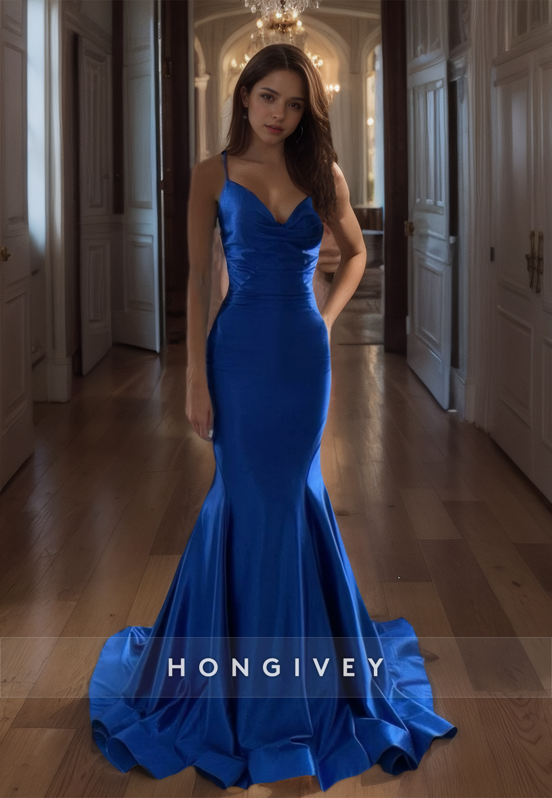 Elegant Royal Blue Mermaid Evening Dress Satin Formal Straps with Train Prom Gown