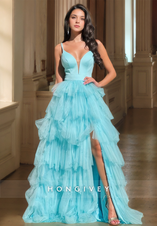 Sexy A-Line Tulle V-Neck Spaghetti Straps Empire Tiered With Side Slit Party Prom Evening Dress