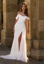 HONGIVEY Classic Off-Shoulder Wedding Dress Simple Ruched Side Slit Bride Gown