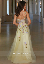 Floral Yellow Tulle with Slit Spaghetti Straps Party Evening Dress Prom Ball Gown