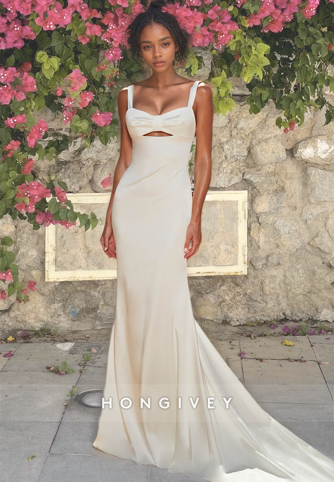 HONGIVEY Straps Beach Wedding Dress Mermaid Sweetheart with Train Brid