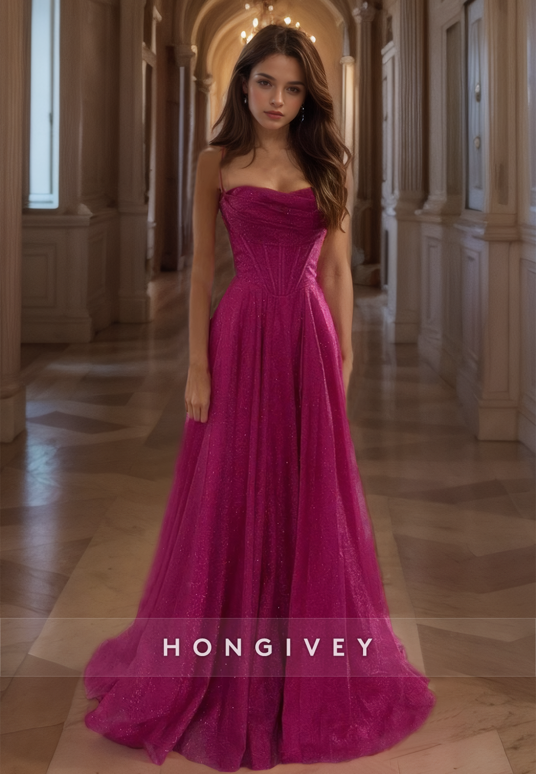 Glitter A-Line Formal Evening Dress Fuchsia Elegant Long Tulle Prom Gown