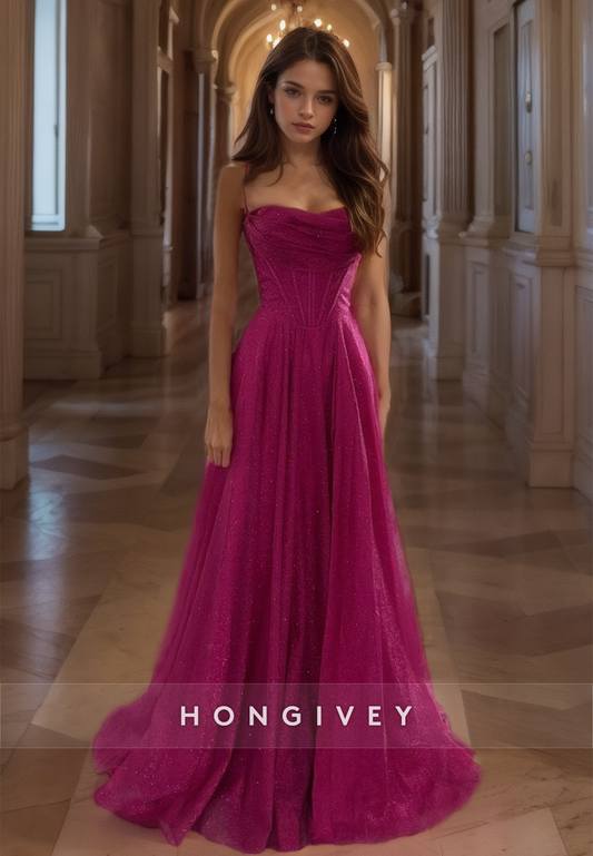 Glitter A-Line Formal Evening Dress Fuchsia Elegant Long Tulle Prom Gown