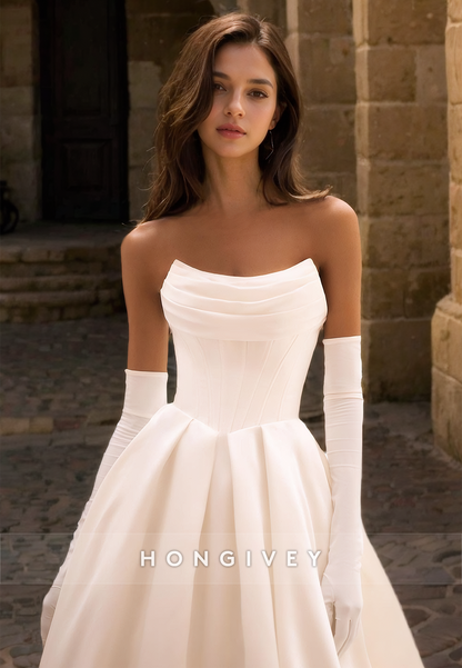 Sexy Satin A-Line Bateau Strapless Ruched Empire With Gloves Train Wedding Dress