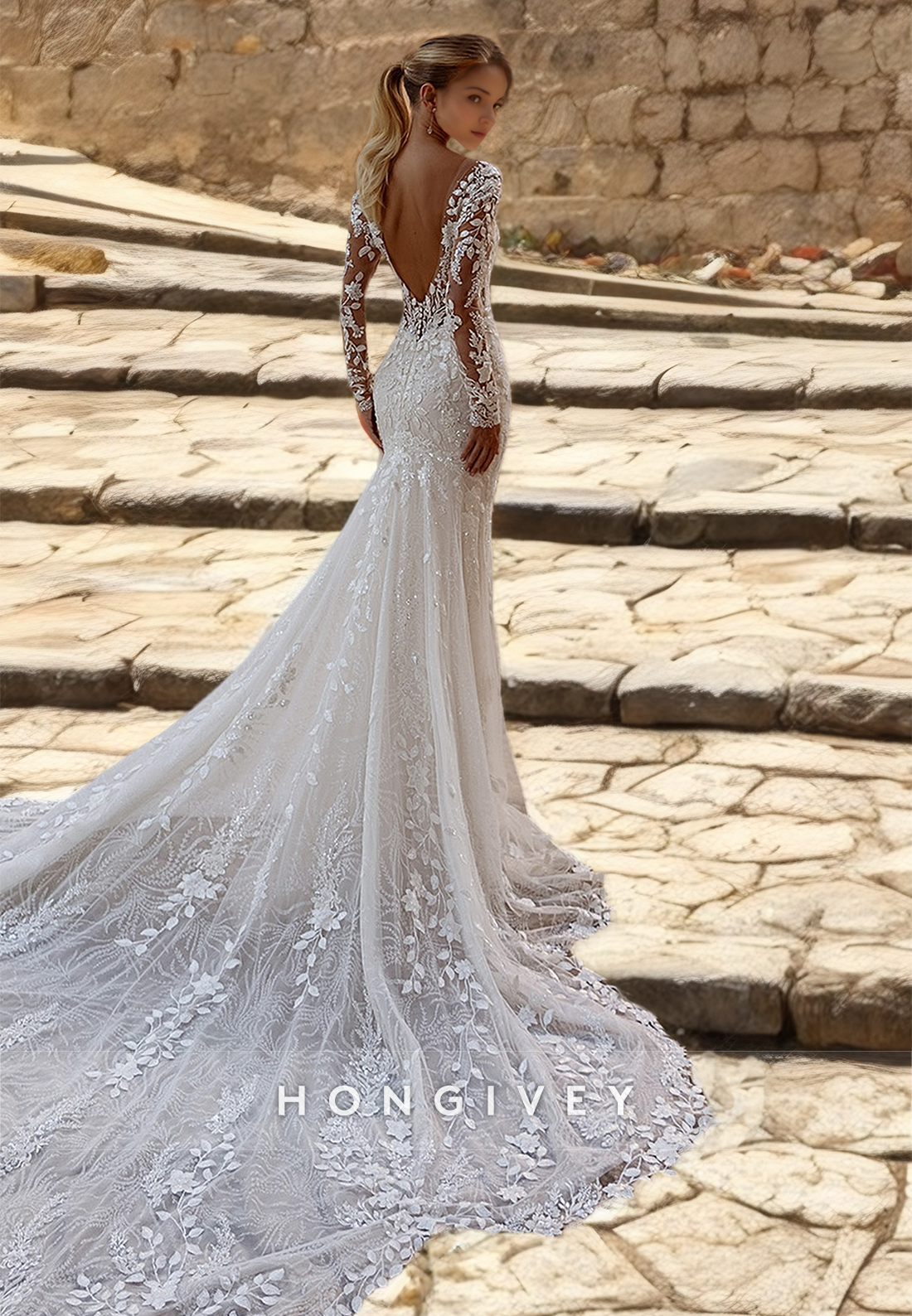 HONGIVEY Luxury Applique Mermaid Wedding Dress with Train Long Sleeves Beaded Floral Bride Gown