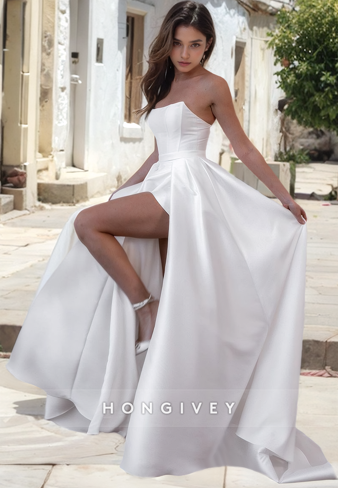 Sexy Satin A-Line Bateau Strapless Empire With Detachable Overskirt Train Wedding Dress