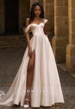 Sexy Satin A-Line Off-Shoulder Empire With Side Slit Train Wedding Dress