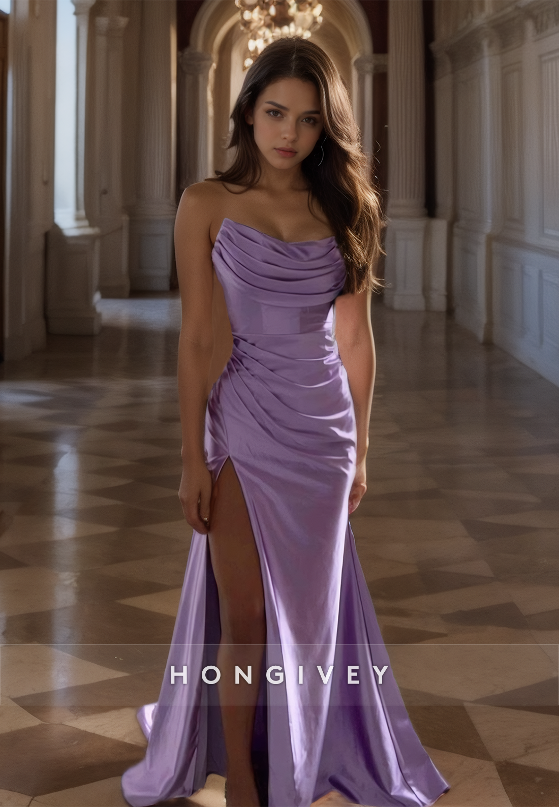 Classic Purple Ruched Evening Dress Formal Strapless with Side Slit Party Gown