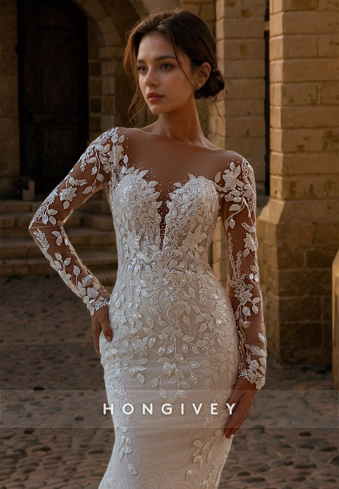 HONGIVEY Luxury Applique Mermaid Wedding Dress with Train Long Sleeves Beaded Floral Bride Gown