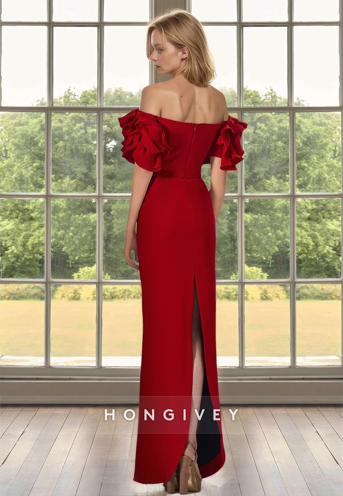 Fitted Long Red Puff Sleeves Bateau Mother of the Bride Wedding Guest Dress