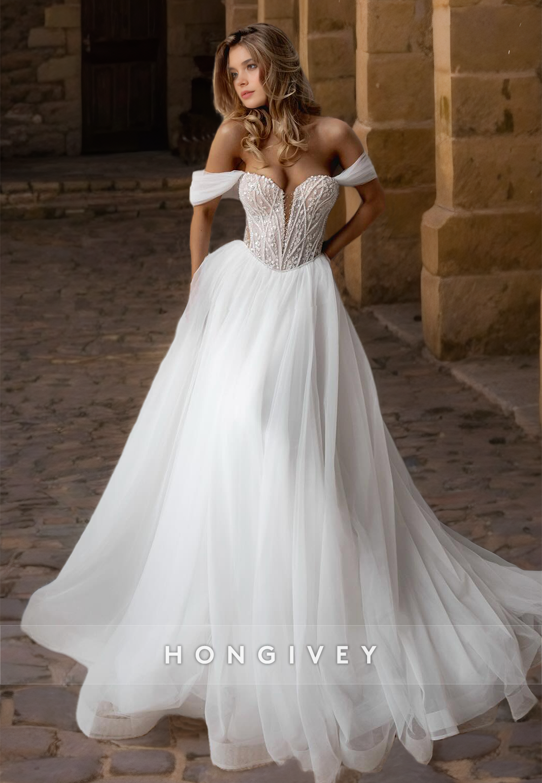 HONGIVEY Classic Off-Shoulder Wedding Dress Sweetheart A-Line Tulle Bride Gown