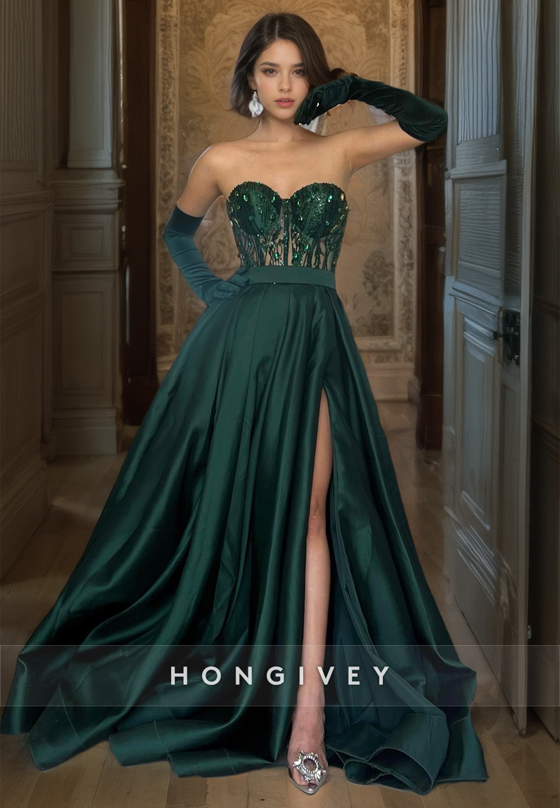 HONGIVEY Pine Dark Green Strapless A-Line with Gloves Glitter Evening Dress Prom Dress