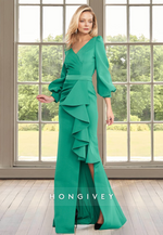 Chic Ruffles V-Neck Long Sleeves with Slit Wedding Guest Dress HONGIVEY