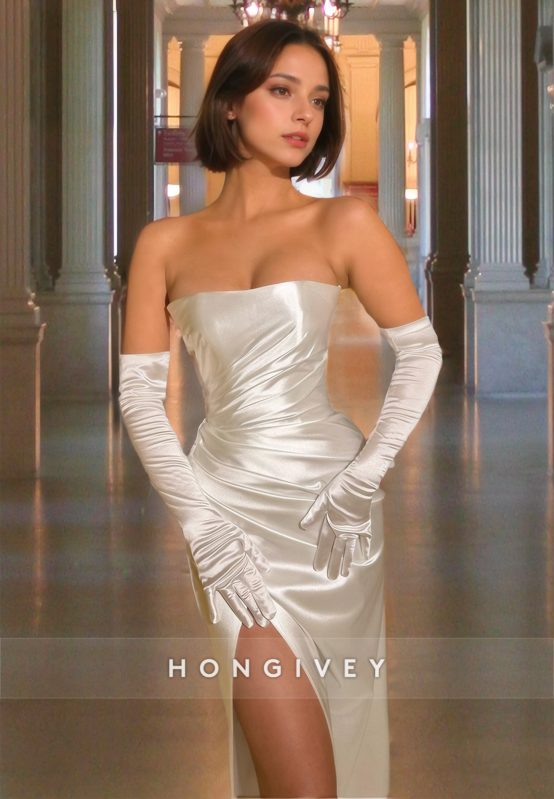 Elegant White Strapless Satin Mermaid/Trumpet Dress with Gloves and Slit Formal Evening Gowns