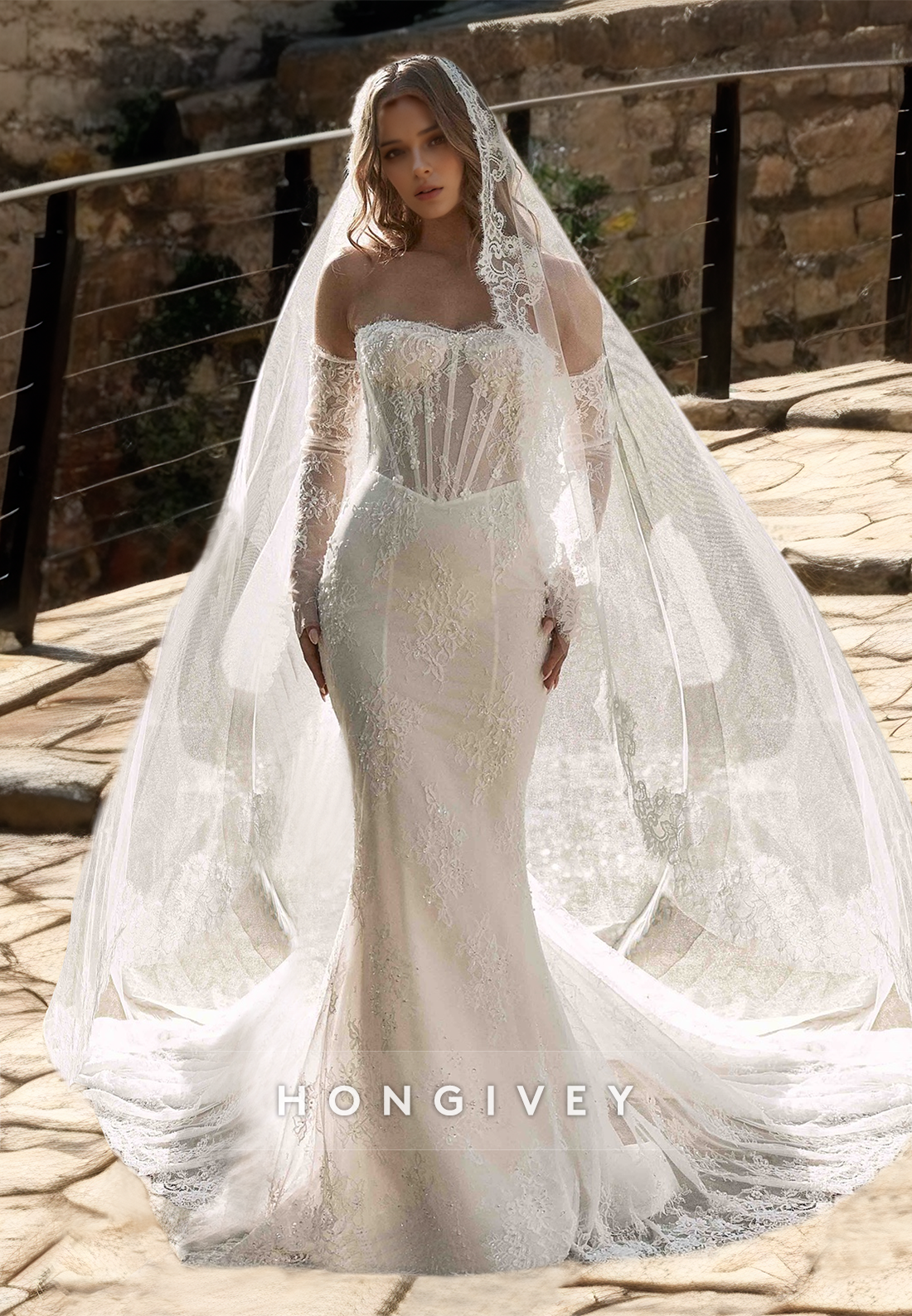 HONGIVEY Gorgeous Sweetheart Applique Mermaid Wedding Dress Sleeves Glitter Bride Gown