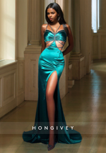 Sexy Fitted Satin Halter Spaghetti Straps Illusion Beaded With Side Slit Party Prom Evening Dress