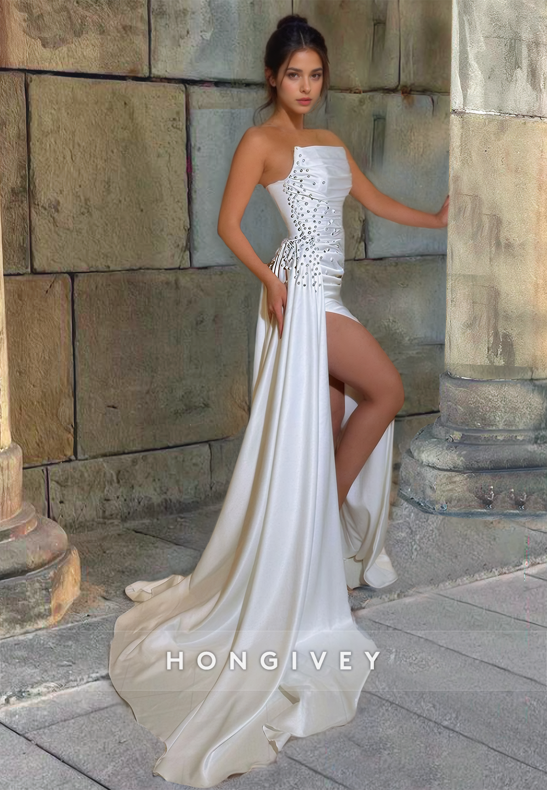 Beaded Embellished Strapless High Slit With Train Party Evening  Prom Dress