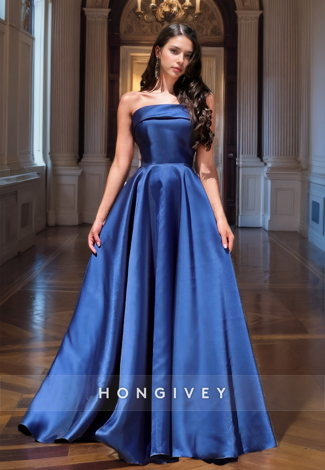 HONGIVEY Dark Navy Strapless Ruched A-Line Satin Long Prom Dress Formal Party Gown