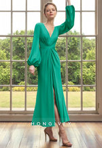 HM294 - V-Neck Long Sleeve A-Line Empire With Slit Cocktail Evening Dress