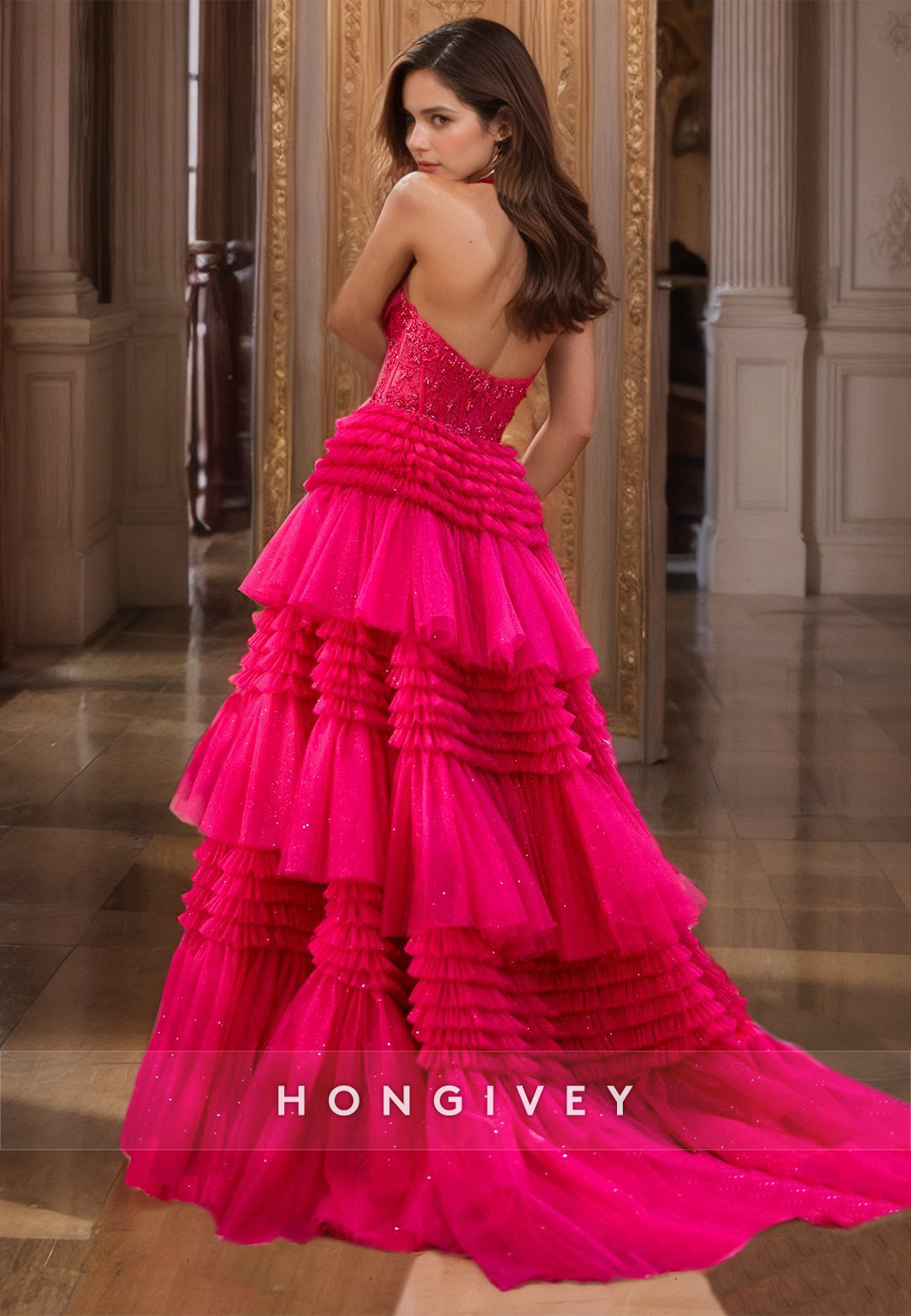 HONGIVEY Luxury Tiered V-Neck Evening Dress Formal Party Gown Prom Gown Ball Gown