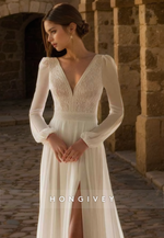 Casual A-Line V-Neck Long Sleeve With Side Slit Sheer Wedding Dress