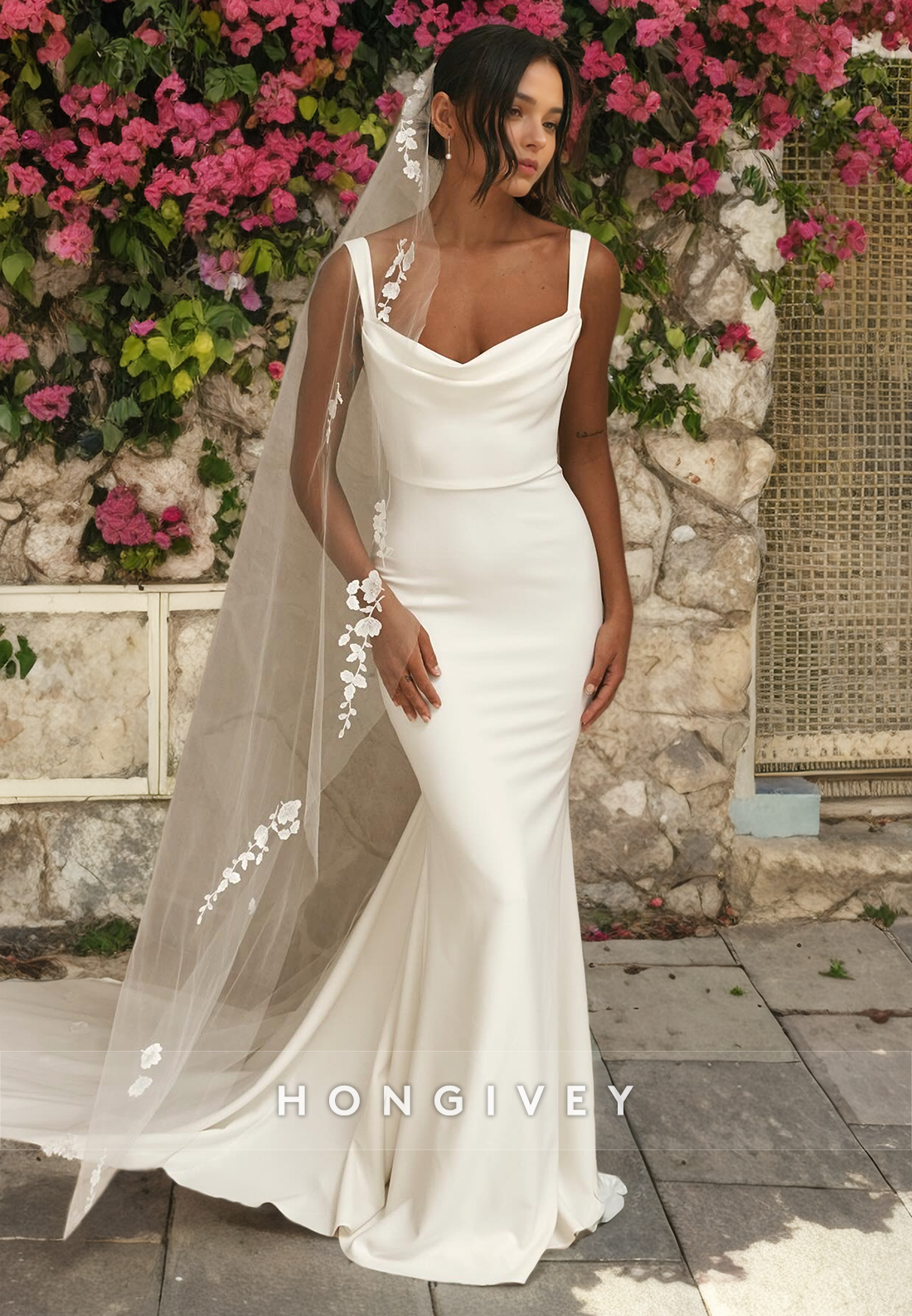 Simple Satin Trumpet Spaghetti Straps With Train Beach Wedding Dress