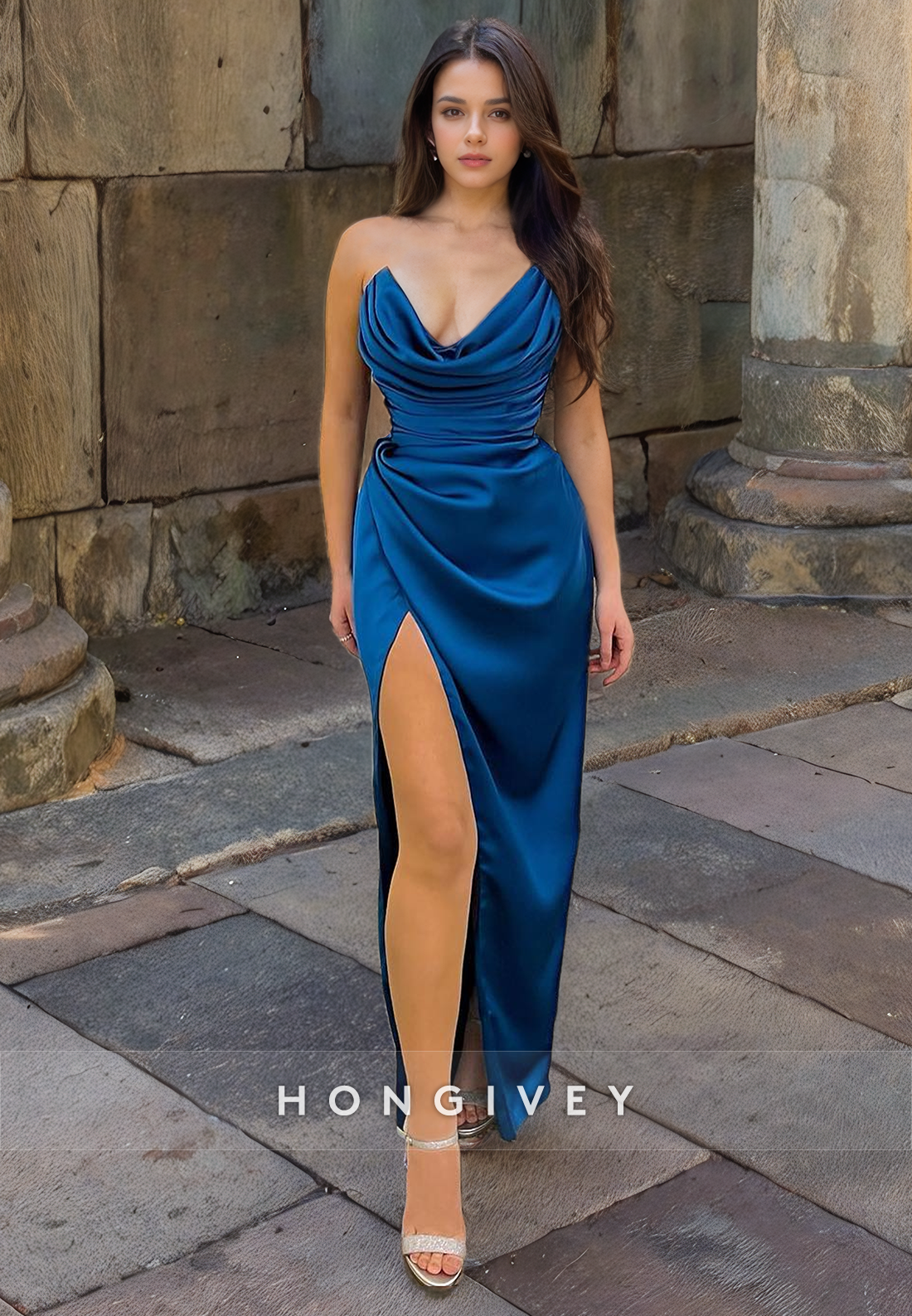 Sexy Ruched Sleeveless Satin Classic V-Neck Evening Dress HONGIVEY