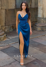 Sexy Ruched Sleeveless Satin Classic V-Neck Evening Dress HONGIVEY