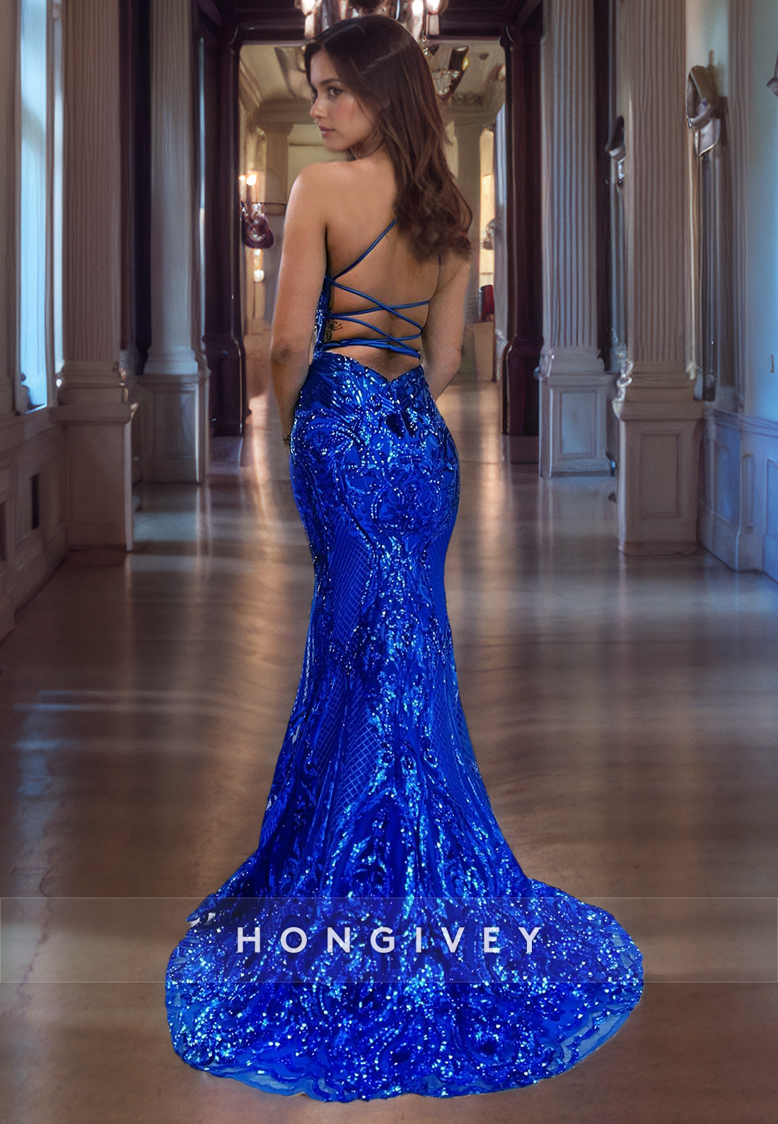 Sexy Open Back Lace UP Mermaid Evening Dress Royal Blue Applique Party Gown