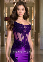 HONGIVEY Sexy Strapless Beaded Sheath with Side Slit Purple Evening Dress Formal Gown