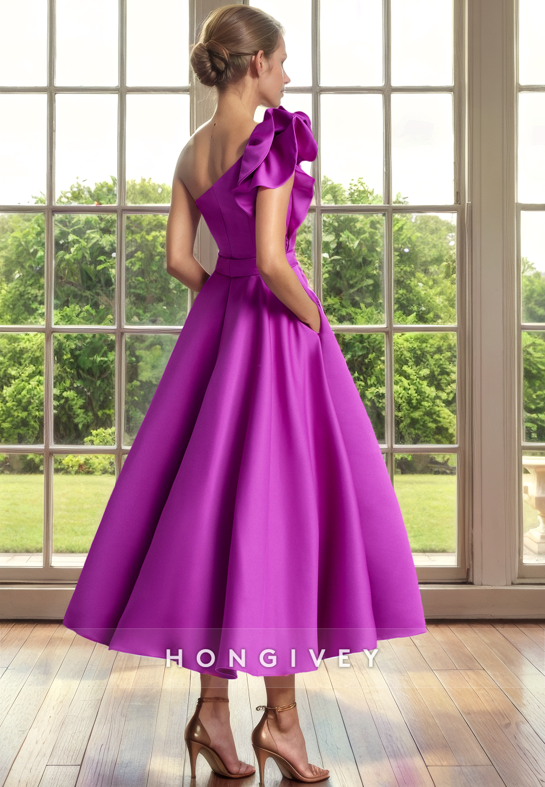 Simple Satin A-Line One Shoulder Ruffled With Pockets Mother of the Bride Dress