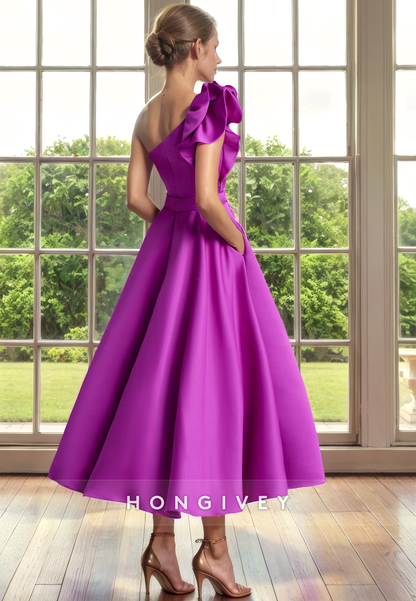 Simple Satin A-Line One Shoulder Ruffled With Pockets Mother of the Bride Dress