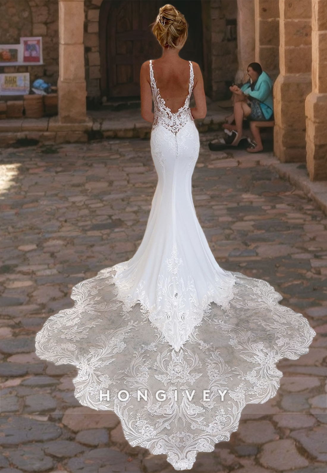 V-Neck Spaghetti Straps Lace Applique Trumpet Beach Wedding Dress