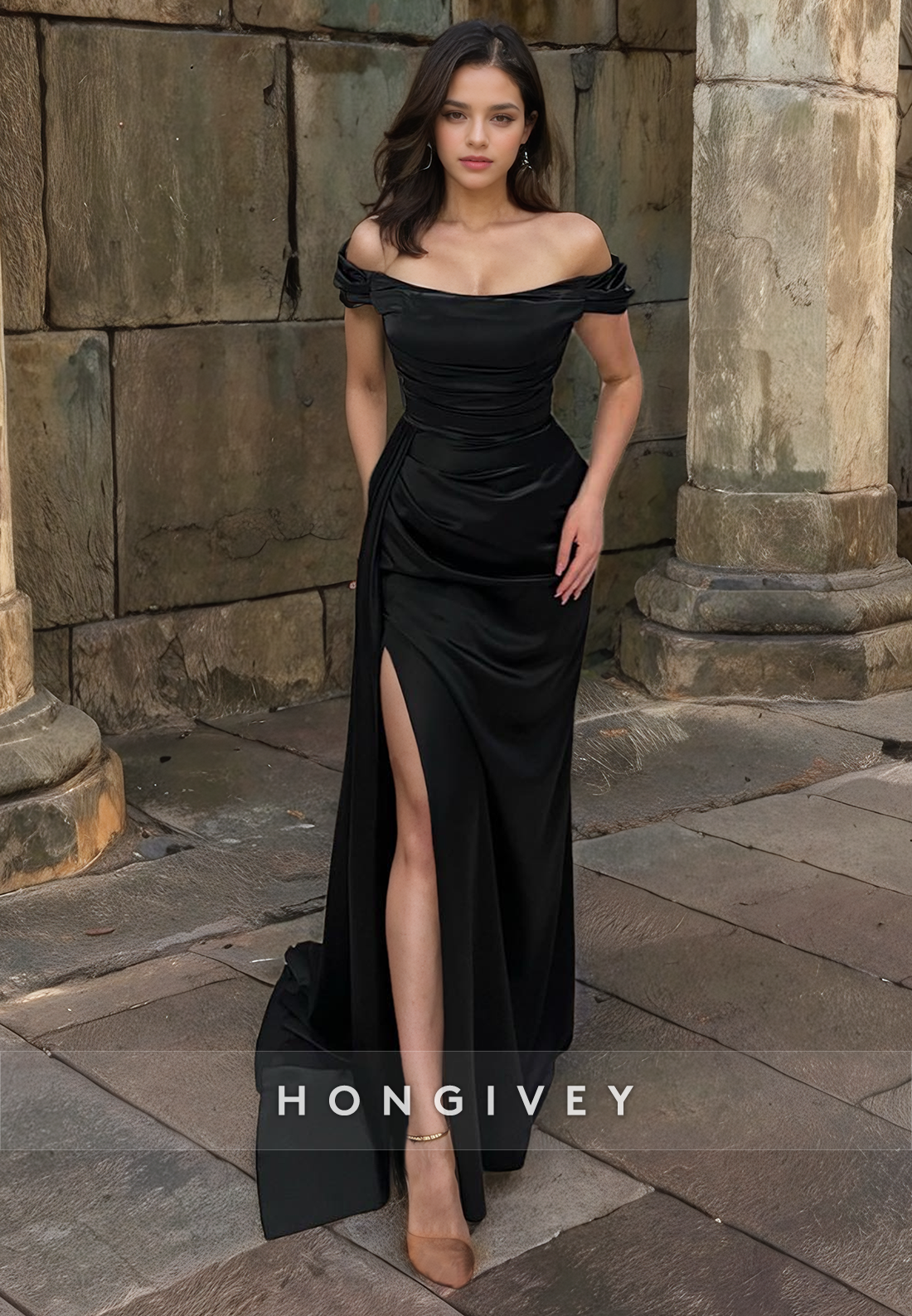 Classic Bateau Off-Shoulder with Slit Formal Party Gown Evening Dress HONGIVEY