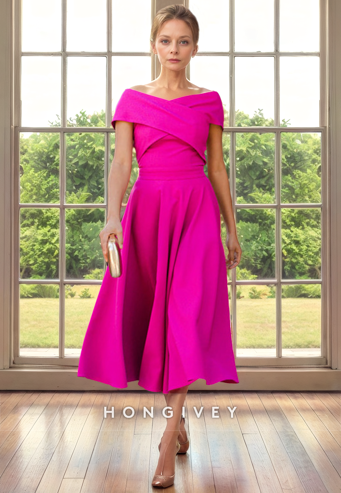 A-Line Off-Shoulder Sleeveless Ruched Tea-Length Cocktail Evening Dress