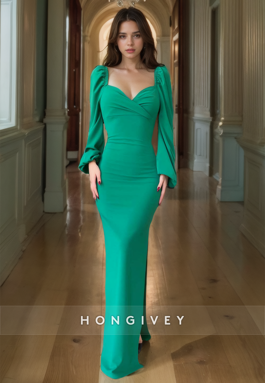 HONGIVEY Square Long Sleeves Elegant Mermaid Evening Dress Formal Party Gown