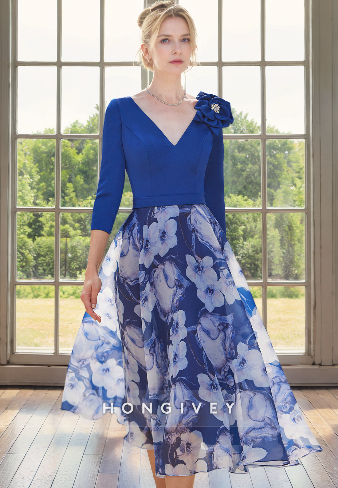 A-Line V-Neck 3/4 Sleeves Two Tone Floral Mother of the Bride Dress