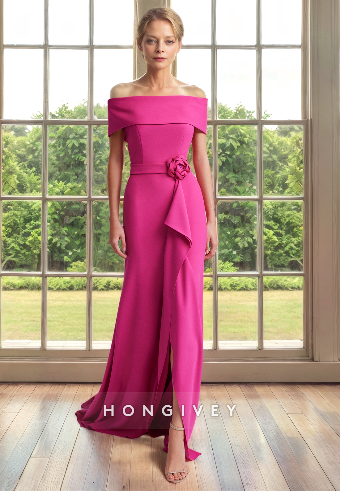 Off-Shoulder Sleeveless Empire Ruffled Mother of the Bride Dress