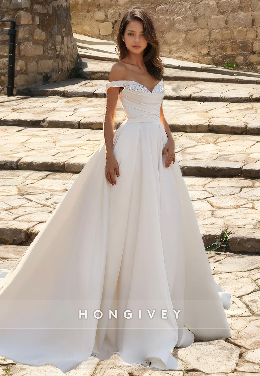 Sexy Satin A-Line Off-Shoulder Empire Ruched With Train Wedding Dress