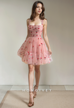 Tulle A-Line Square Spaghetti Straps Appliques Short Party Homecoming Dress