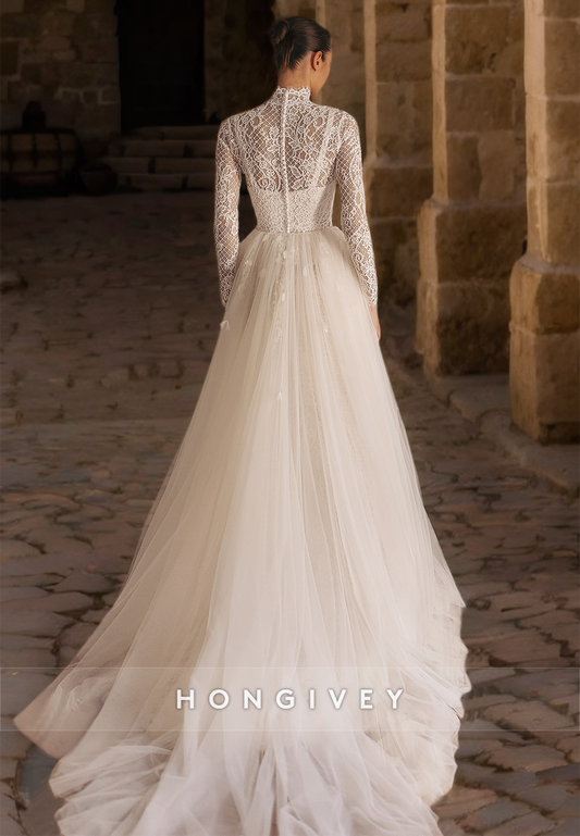 HONGIVEY High Neck Lace Applique Wedding Dress with Train Long Sleeves Tulle Bride Gown