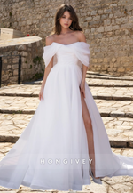 Chic Tulle A-line Off-Shoulder With Side Slit With Train Wedding Dress