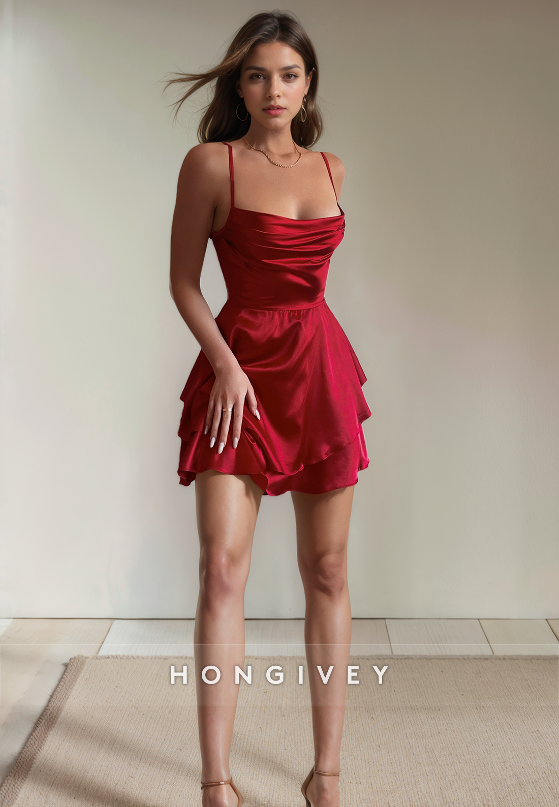 Casual Satin A-Line Spaghetti Straps Short Party Homecoming Dress