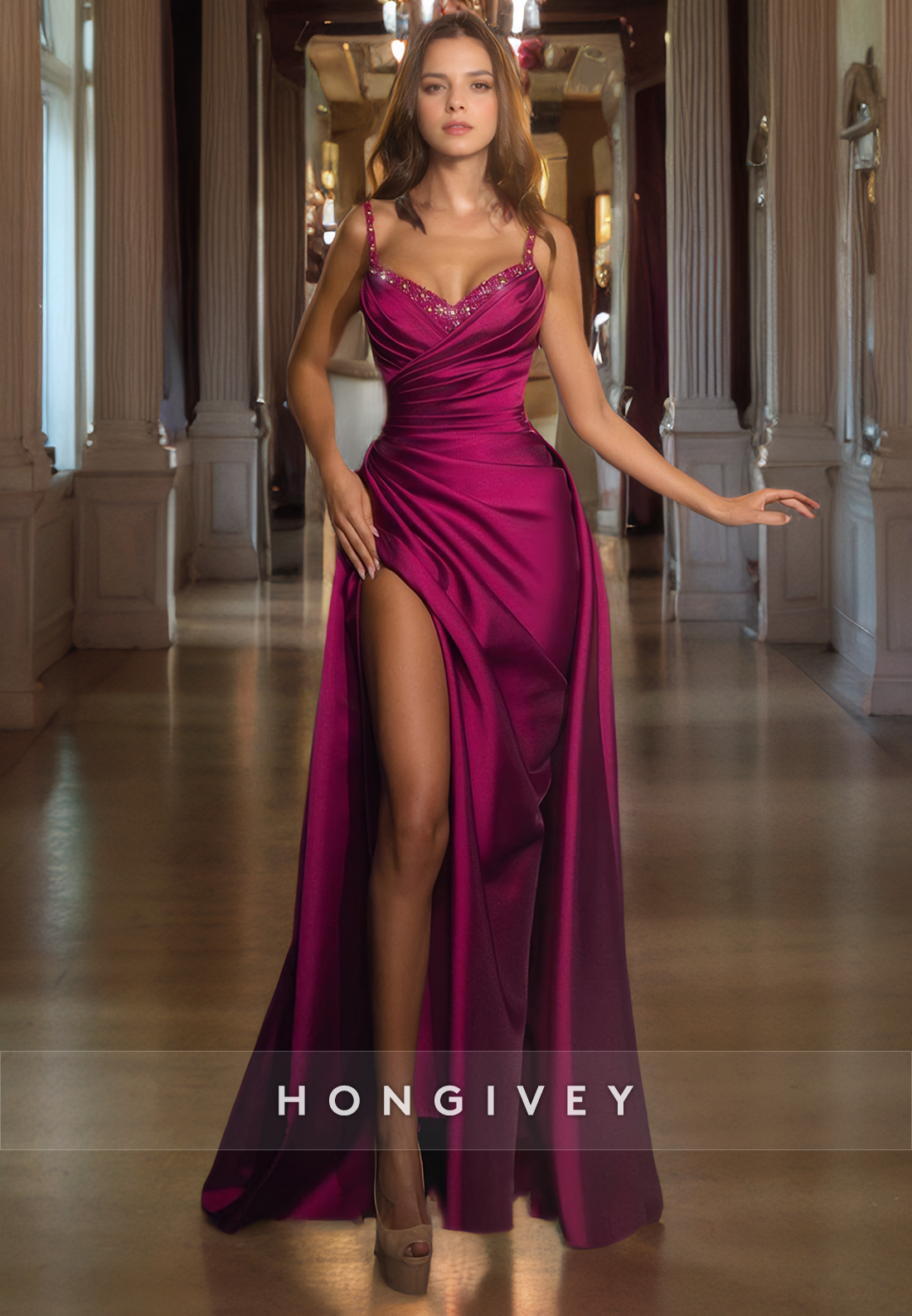 A-line Spaghetti Straps Satin Evening Party Gown Orchid Pleated Quince