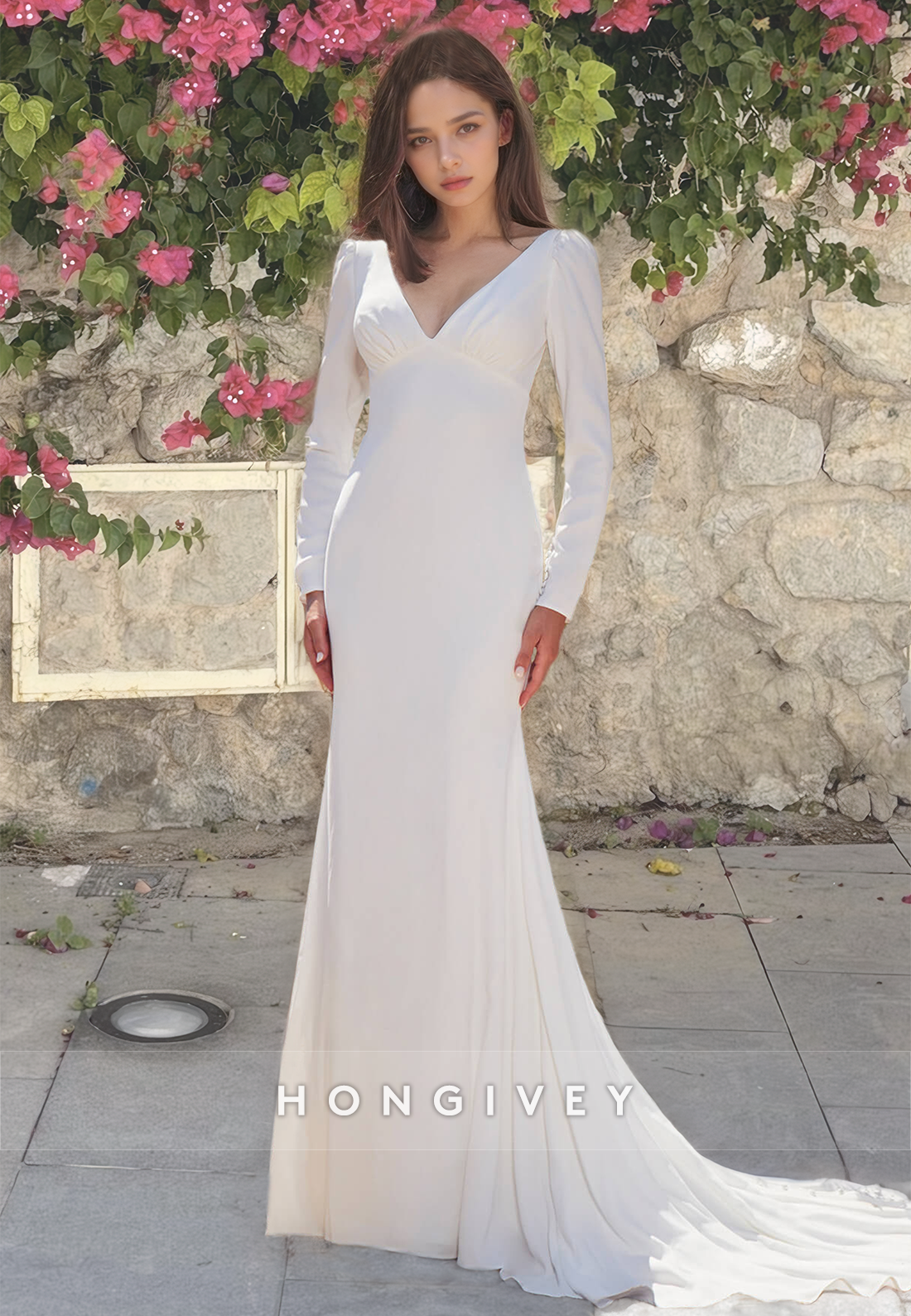 HONGIVEY V-Neck Long Sleeves Backless Buttons Mermaid Beach Wedding Dress