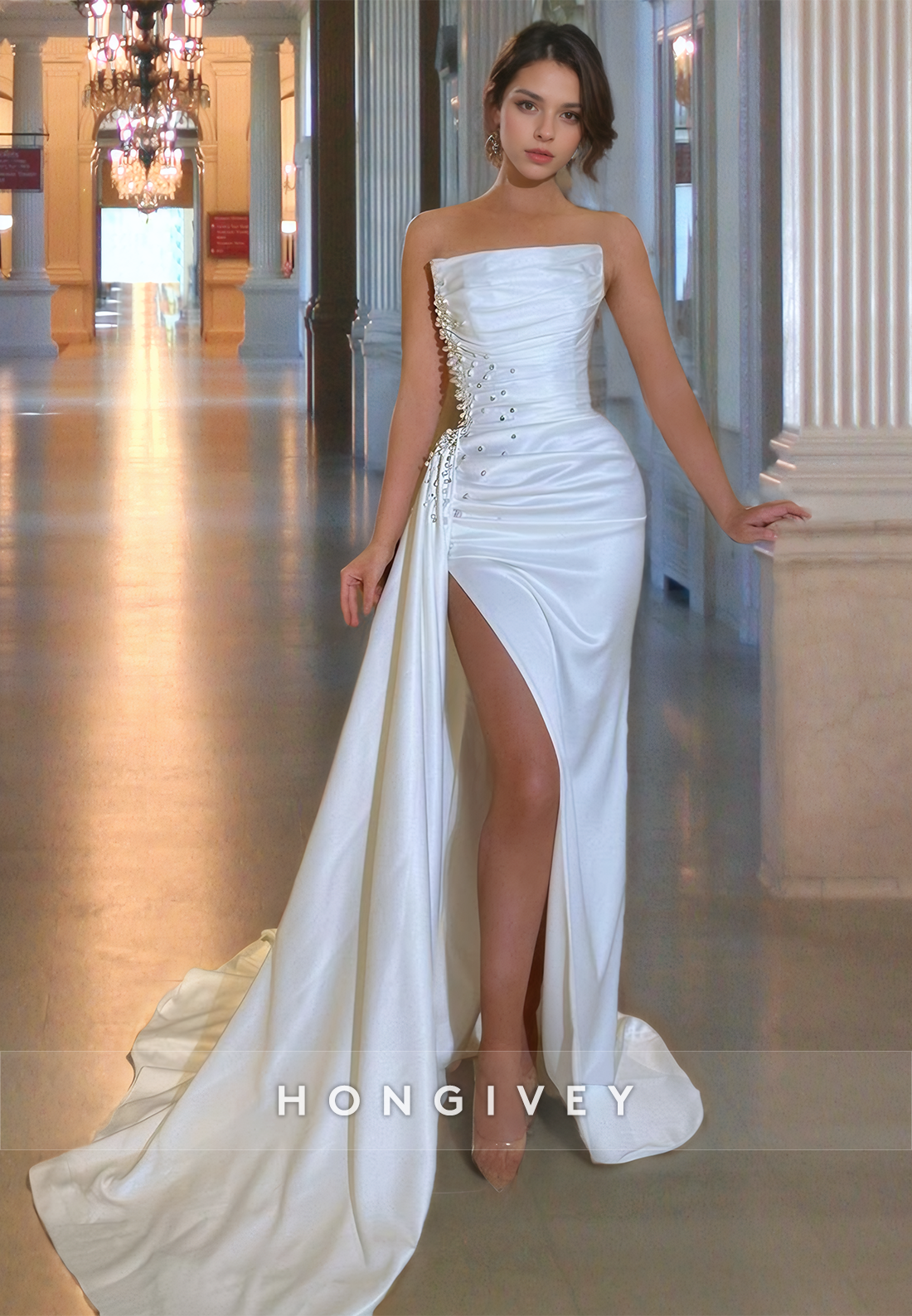 Beaded Embellished Strapless High Slit With Train Party Evening  Prom Dress