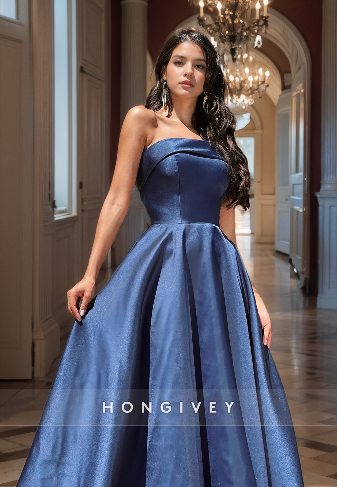 HONGIVEY Dark Navy Strapless Ruched A-Line Satin Long Prom Dress Formal Party Gown