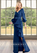 Chic Ruffles V-Neck Long Sleeves with Slit Wedding Guest Dress HONGIVEY