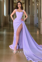 Graceful Lilac Spaghetti Straps Mermaid Prom Gown Sweetheart Pleated Evening Party Dress with High Split