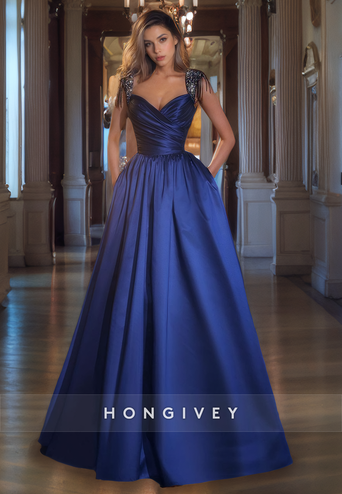 Classy Royal Blue Satin Ruched Prom Dress A-Line Sweetheart Floor Length Evening Party Dress